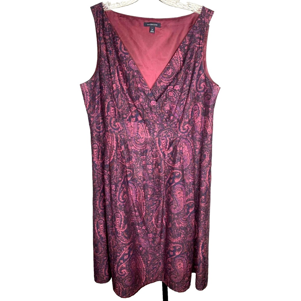 Lands End Dress silk blend Sleeveless Purple Paisley Dress‎ Fit & Flare Size 14
